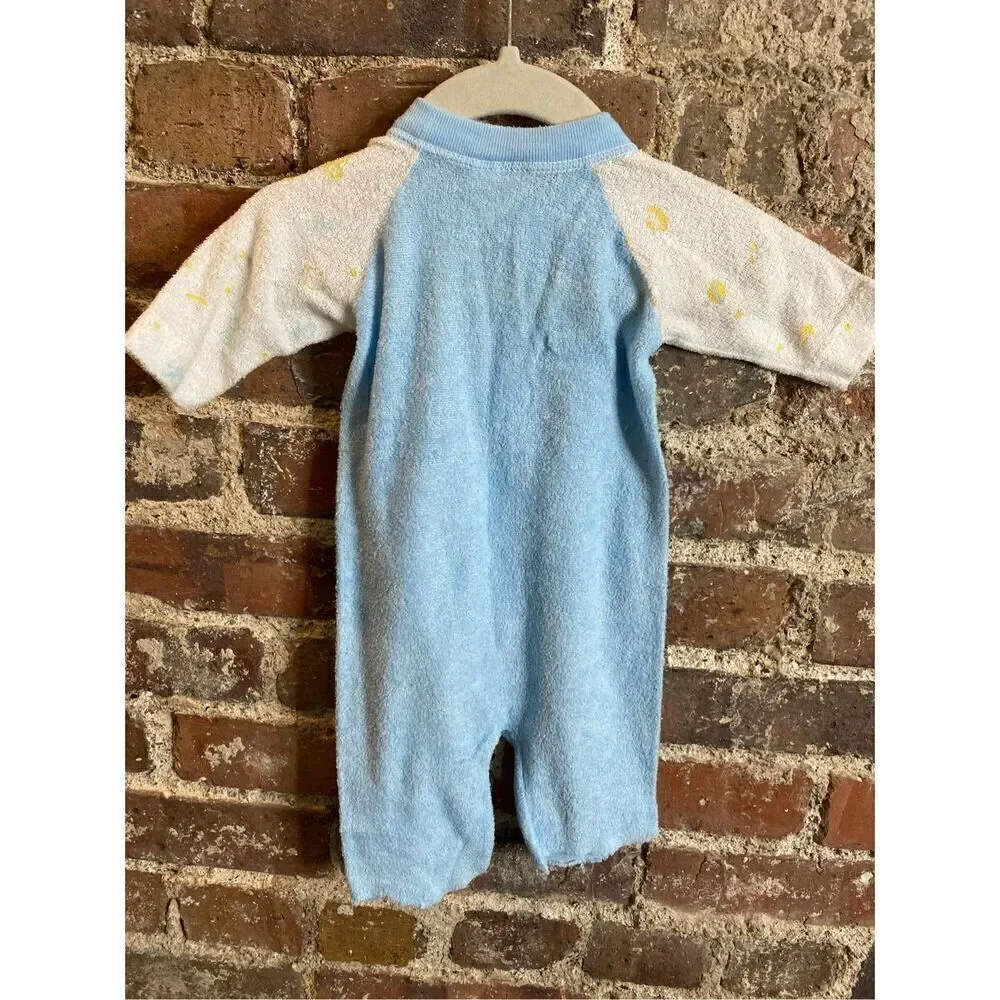 Vintage 80s Triplets Soft Terry Cloth Blue/White Baby Sleeper Pajama Infant Baby